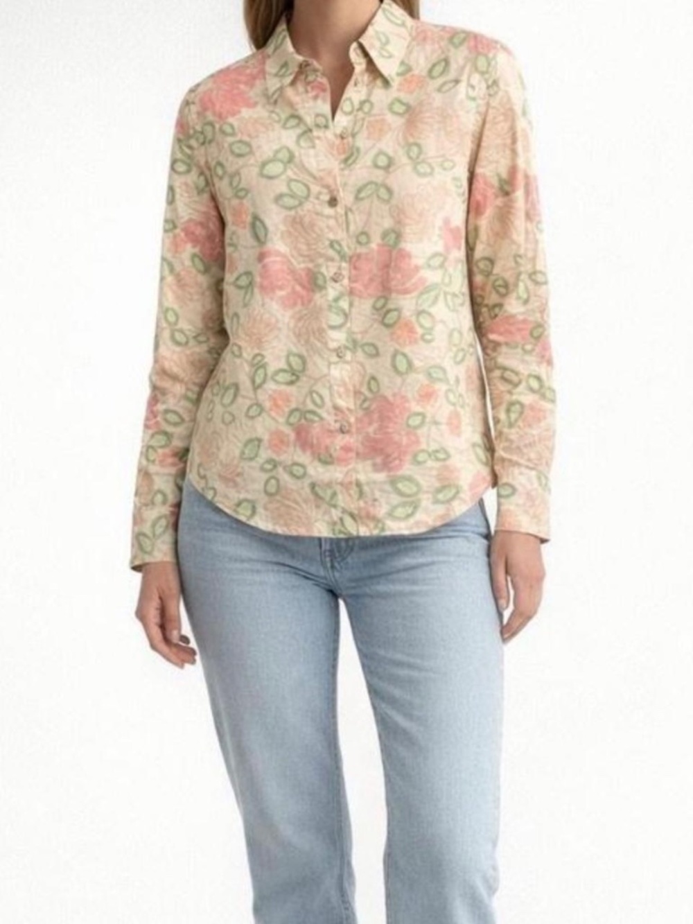 100% Linen Floral Button-Up Shirt Pastel Pink Green Floral Size 6